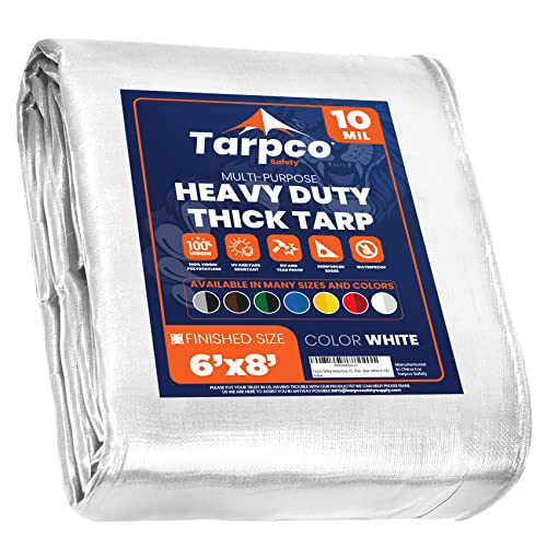 Heavy Duty 10 Mil Tarp Cover, Waterproof, UV Resistant, Rip and Tear Proof, Poly Tarpaulin with Reinforced Edges for Camping, Roof, Patio, Pool, Boat. (White 6′ X 8′) - color: White-10 Mil, size: 6′ X 8′