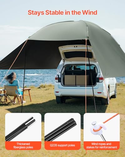 VEVOR Versatility Camping Tent, Auto Canopy Sun Shade UV50+ PU3000mm, Car Tailgate Sun Shelter for Truck Bed, SUV, RV, Van, Trailer and Overlanding, Portable Teardrop Awning Canopy Tear Resistant Tarp - color: ArmyGreen 10X7ft Car Awning