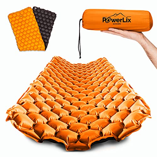 POWERLIX Ultralight Inflatable Camping Sleeping Pad - Camping Mattress for Backpacking, Hiking, Compact Lightweight Sleeping Mat for Camping, Inflation Bag/Repair Kit Included - color: Orange & Black