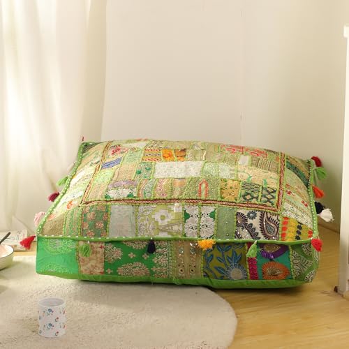 THE ART BOX Cotton Patchwork Vintage Boho Embroidered Floor Pillows & Cushion Cover Green Pouf Seating Pouf Meditation Pillow Pet Bedding Bed Boho Home Décor (35x35 Inches, Cover Only) - color: Light Green