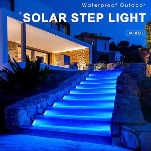 AUDLES 8 Pack Solar Stair Lights, Outdoor Step Lights with Waterproof IP67, Blue Color LED Solar Light for Outside Light Decor for Stair, Deck, Front Step, Front Porch, Patio and Backyard - color: Blue, size: 8 Pack
