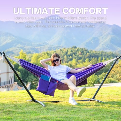 PNAEUT Double Hammocks with Stand for Outside, Portable Space Saving Heavy-Duty Steel Stand for Indoor Outdoor Patio with Carrying Bag, 450 lbs Capacity (Purple) - color: Purple
