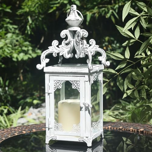 Large Candle Lantern, Decorative Hanging Lantern, Vintage Metal Tabletop Lantern for Outdoor Patio Rustic Home Decor, Candle Holders with Clear Glass (White) - color: White / 16'' / 1 Pc