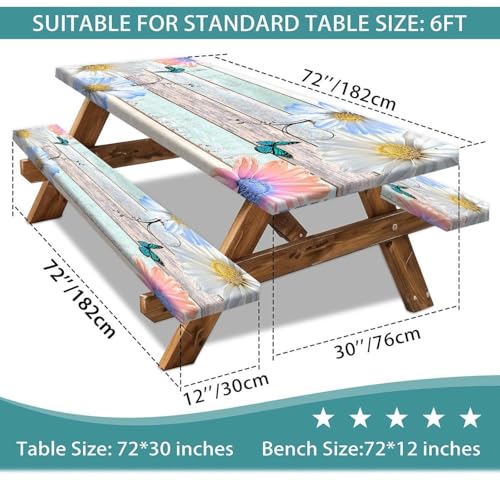 Rustic Daisy Flower Wooden Picnic Table Cover with Bench Covers, Farmhouse Flower Waterproof Wood Board Tablecloth for Patio Camping Outdoor Party Decorations with Drawstring Bag, 30X72in, 3PCS - color: Multi3, size: 72in