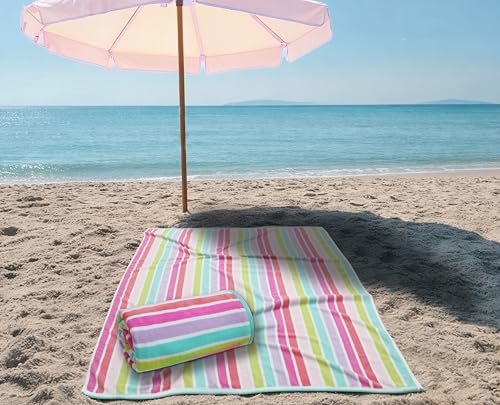 COTTON CRAFT Oversized Beach Towel - 2 Pack XL 39 x 68 inches Big & Huge Beach Blanket Towel - 100% Cotton Dobby Terry Velour Stripe - Super Soft Luxury - Pool Picnic Bath - Pink Multi - color: Cabana Stripe - Pink Multi, size: 2 Pack - 39x68