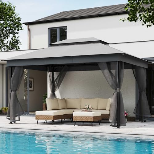 LAUSAINT HOME 10' X 13' Waterproof Patio Gazebo with Mosquito Netting, Double Roof Outdoor Gazebo Pavilion Shelter for Backyard, Garden, Lawn, Wedding (Grey) - color: Gray, size: 10'x13' w/o curtains
