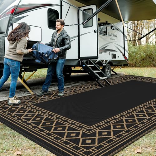 GENIMO Outdoor Rug Waterproof for Patio Decor, 10'x20' Foldable Reversible Plastic Straw Carpet, Outside Area Mat for Rv, Deck, Picnic, Porch, Camper, Balcony, Beach, Black & Brown - color: Black & Brown | Natural, size: 10' x 20' (Rectangular)