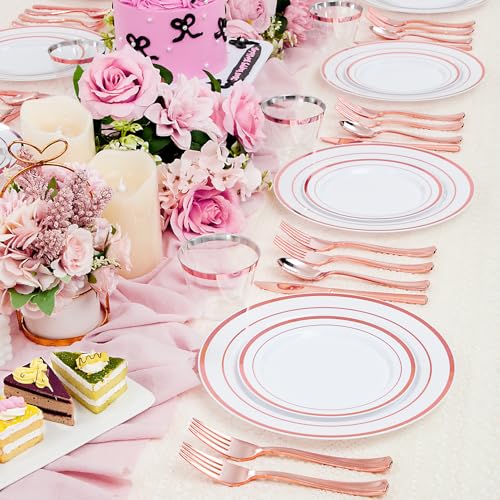 WELLIFE 300 PCS Rose Gold Dinnerware Set for 50 Guests, Valentine's Day Plate, 50 Dinner & Salad Plates,Cups, Forks Knives Spoons for Wedding Reception and Mothers Day Plates - color: Rose Gold, size: 50 Guests