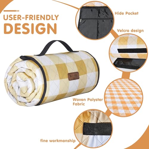 HX&OD Outdoor Picnic Blanket, Extra Large, 80''x60'' Waterproof Foldable Blankets Gingham Picnic Mat for Beach, Camping Grass Lawn Park Accessories Cute Couple Ideas Wedding (Yellow, 80”x60”) - color: Yellow, size: 5' x 6'8" (Square)