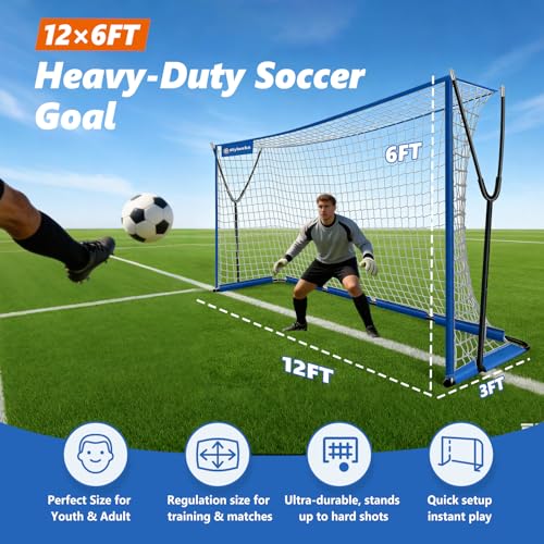 Soccer Net 12x6 ft, Soccer Goal for Backyard with Ultra Stable Outward Angled Metal Frame, 7-ply Tetoron, Portable Carry Bag - Easy Set Up for Youth & Adult Indoor Outdoor Practice - color: Blue