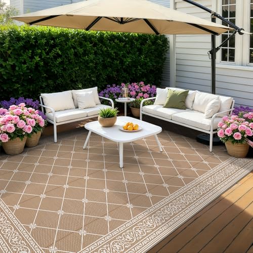 Outdoor Rug 9'x18' for Patios Waterproof Patio Rugs Outdoor Mats for Front Porch,Beach Mat,Reversible Plastic Straw Camping Rugs for Outside RV,Deck,Balcony,Backyard (Beige Tan, 9'x18') - color: Beige Tan, size: 9' x 18' (Rectangular)