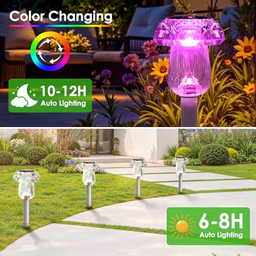 Mancra 8 Pack Mushroom Solar Pathway Lights, Color Changing LED Solar Outdoor Lights Waterproof, Dusk to Dawn Auto On/Off Garden Decor for Yard Landscape Walkway - color: Color Changing