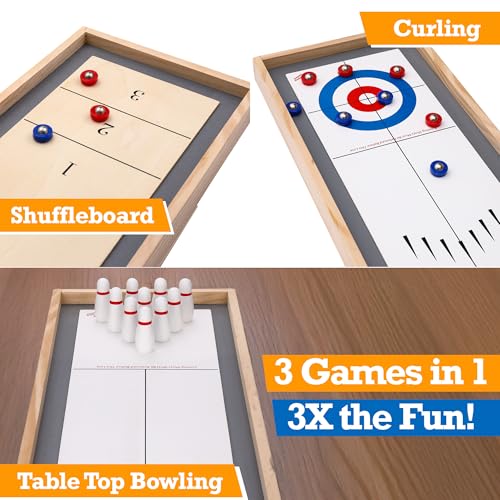 Sterling Games Tabletop Bowling Combo Set, Wooden Arcade Board with Marbles and Pins, Indoor Table Top Game for Kids and Family - style: Bowling/Shuffleboard