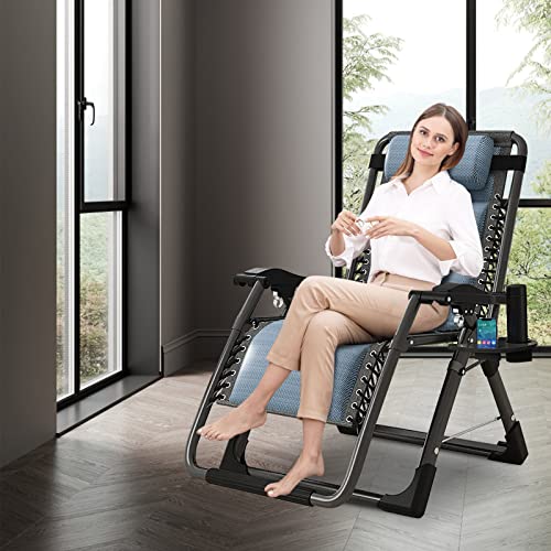 DoCred Zero Gravity Chair, Lawn Recliner, Reclining Patio Lounger Chair, Folding Portable Chaise with Detachable Headrest and Cup Holder - color: Cool Blue, style: Zero Gravity Chair
