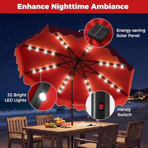 Tangkula 10 FT Solar Patio Umbrella with Base Included, 2-Tiers Outdoor Scalloped Table Umbrella with 32 LED Lights, 2 Sandbags, Tilt Adjustment, Crank, 8 Ribs for Market Backyard Pool Deck Beach Lawn (Red, 10 FT) - color: Red, size: 10 FT