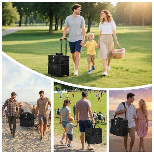 MIYCOO Cooler Bag Double Deck - 60 Can Leakproof Insulated Portable Soft Lunch Cooler, Extra Large Expandable Ice Chest Cooler for Beach, Picnic, Camping, Shopping - color: Black, size: 31l With Wheels
