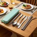Travel Utensils with Case, Cutlery Set Portable Camp Reusable Flatware Silverware, 7 Pcs Stainless Steel Reusable Cutlery Set, Include Fork, Spoon, Knife, Chopsticks, 2 x Straws & Straw Cleaner Brush - color: Mint Green