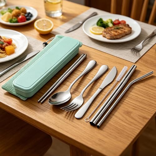 Travel Utensils with Case, Cutlery Set Portable Camp Reusable Flatware Silverware, 7 Pcs Stainless Steel Reusable Cutlery Set, Include Fork, Spoon, Knife, Chopsticks, 2 x Straws & Straw Cleaner Brush - color: Mint Green