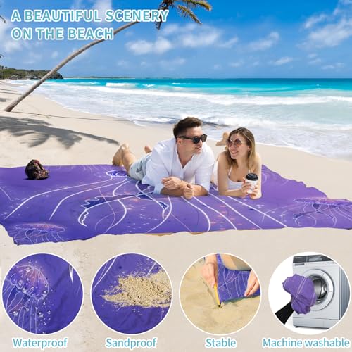 Beach Blanket 78''×110'' Suits 1-7 Adults Waterproof Sandproof Oversized Lightweight Blanket Packable Large Picnic Mat for Beach Travel Camping Picnic Hiking - color: Jellyfish, size: 78''x110''