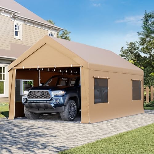 Bezseller 10x20 FT Heavy Duty Carport Canopy with Removable Sidewalls, Portable Garage Tent with Roll-Up Windows & Doors, Car Port with All-Season Tarp for Cars, Trucks, Boats, Yellow - color: Yellow, size: 10 X 20