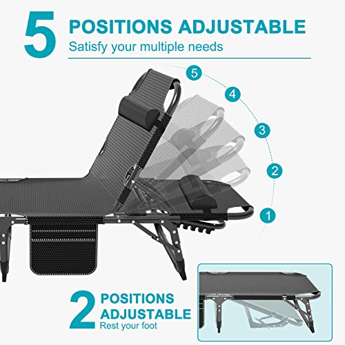 ABORON Heavy Duty Tanning Chair, 5-Gear Outdoor Folding Chaise Lounge Chair with Cushion,Portable Beach Lounge Chair for Outdoor Sunbathing Patio Pool Lawn Deck Poolside - color: Coal Black, style: Lounge Chair