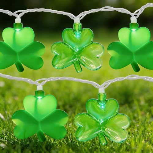 8.5Ft Shamrock String Lights Outdoor, St Patricks Day Decorations Lights with 10 LED Green Clover Lights, Plug in Shamrock Fairy Light for Window Patio Garden Party Irish St. Patricks Day, White Wire - color: Clear Green,Solid Green