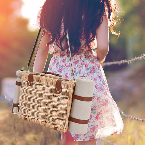 Picnic Basket with Blanket and Wine Pouch for 4, Wicker Picnic Set with Insulated Liner Cooler Bag Hamper for Camping,Wedding - Natural - color: Natural With Blanket for 4