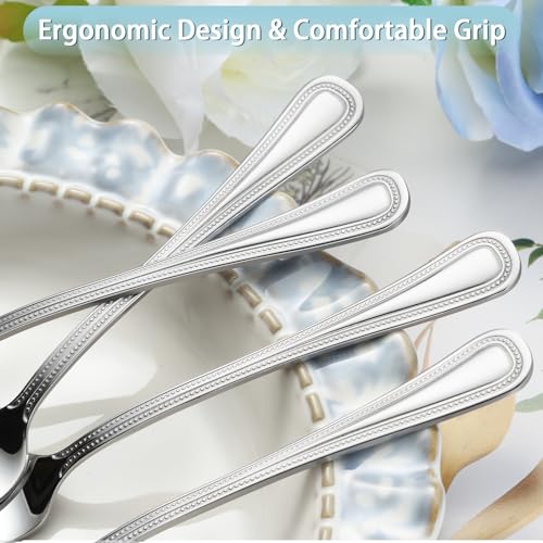 24 Pieces Teaspoons Set, 6.4 Inches Spoon Set, Stainless Steel Silverware, Small Spoons with Pearl Dot Design Handle, Dishwasher Safe, Tea Spoons Suitable for Home and Restaurant - color: Sterling