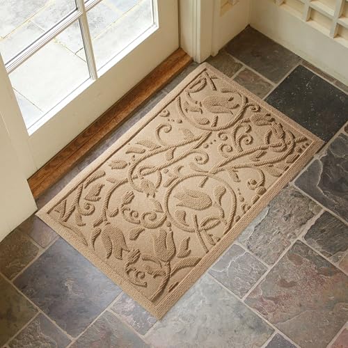 Boho Beige Floral Leaves Outdoor Indoor Entrance Doormats, Absorbent Durable Heavy Duty Welcome Front Door Mat,Thick Natural Rubber Back,Easy Clean Entryway Mat 17x30 Inch, Low Profile - color: Tulip-beige, size: 1'5" x 2'6" (Rectangular)