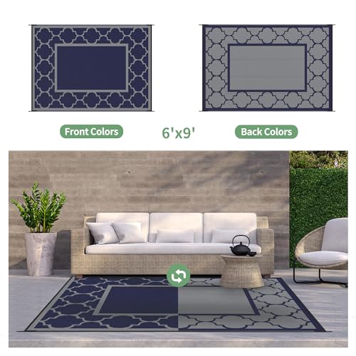 GENIMO 6' x 9' Outdoor Rug Waterproof for Patio Decor, Foldable Reversible Plastic Straw Area Rugs Mat for Camper, Outside Carpet for Rv, Deck, Porch, Picnic, Beach, Balcony, Blue & Grey - color: Blue & Grey, size: 6' x 9' (Rectangular)