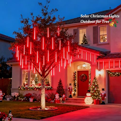 JMEXSUSS Red Solar Christmas Lights Outdoor, 8 Tube 144 LEDs Solar Meteor Shower Rain Lights, Red Twinkle Light for Tree Eaves Fence Christmas Decorations - color: Red, size: 1*144LED
