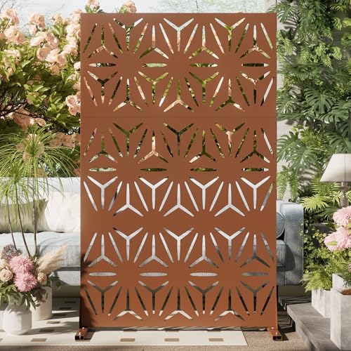 Cofar Metal Privacy Screen Outdoor 72" H×44" W -Brown Freestanding Outdoor Privacy Panels with Stand, Decorative Fence for Patio, Deck, Balcony（Floral） - style: 3-Panels Floral_Brown