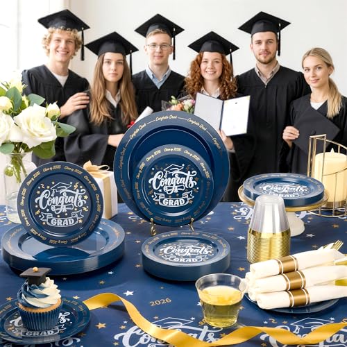 Goodluck 350 Piece Graduation Navy Blue Plastic Dinnerware Set for 50 Guests, Congrats Grad Disposable Plates Include: 50 Dinner Plates, 50 Dessert Plates, 50 Cups, 50 Rolled Napkins with Silverware - color: Navy Blue, style: 350 Piece (50 guests)