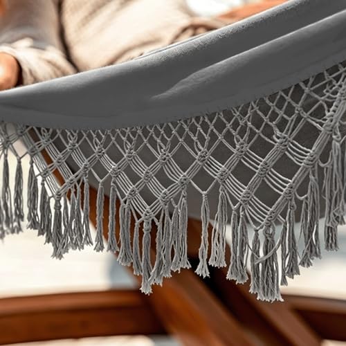 Lazy Daze Hammocks 2 Person Cotton Fabric Hammock with Spreader Bars and 10.5 FT Wood Arc Hammock Stand, Double Hammock with Wood Stand, for Outdoor, Indoor, Patio, Backyard, Dark Gray - color: Dark Gray