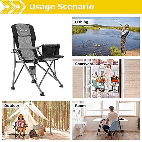 XGEAR Camping Chair with Padded Hard Armrest, Sturdy Folding Camp Chair with Cup Holder, Storage Pockets Carry Bag Included, Support to 400 lbs - color: 2pcs/Grey
