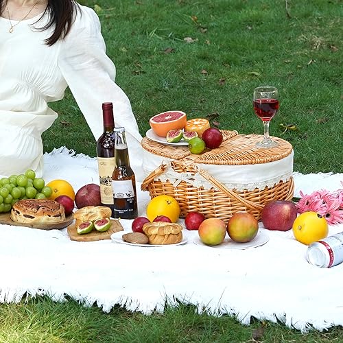 Wicker Picnic Basket with Removable Liner, Empty Picnic Baskets with Lid, Vintage-Style Picnic Hamper with Folding Woven Handle for Picnic, Camping, Outdoor, Halloween, Thanks Giving, Birthday (Cream) - color: Cream Liner W/Willow Lid