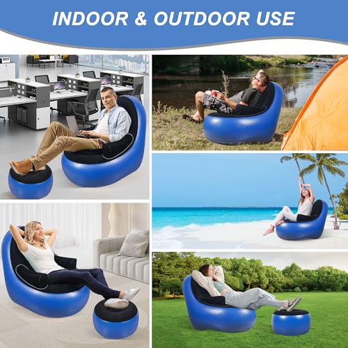 Thickened Inflatable Couch with Armrest＆Ottoman, Blow Up Lounger Chair,Folding Air Chair for Adults,Inflatable Lazy Sofa Perfect for Rooms, Camping or Home(Without Pump,Blue) - color: Blue