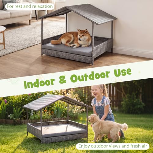 Giantex Outdoor Wicker Dog House with Roof Canopy, Elevated Rattan Dog Bed with Washable Cushion, Weatherproof Patio Pet Bed for Small Medium Dogs, Heavy Duty Metal Frame, 165 lbs, Gray - style: Gray House & Gray Cushion