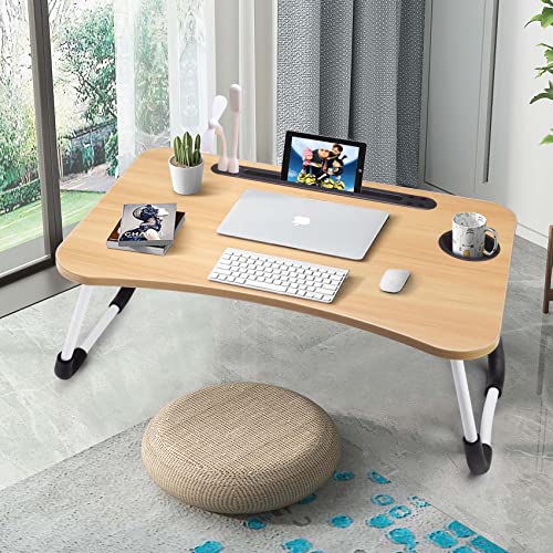 Slendor Lap Desk with Cup Holder, Foldable Laptop Table for Bed, Portable Bed Desk for Laptop and Writing, Computer Tray with Tablet Slot, Notebook Stand Reading Holder for Couch Sofa Floor,Walnut - color: Brown