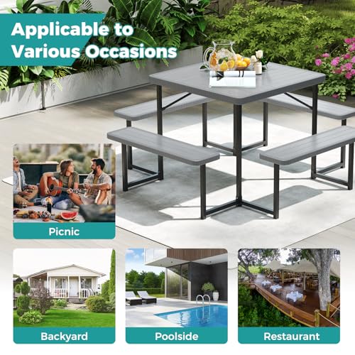 Byroce Outdoor Picnic Table for 4-8 Person, HDPE Picnic Camping Table Set with 4 Benches, Umbrella Hole & Metal Frame, Heavy Duty Square Dining Table Chairs for BBQ in Patio, Yard & Poolside (Gray) - color: Grey