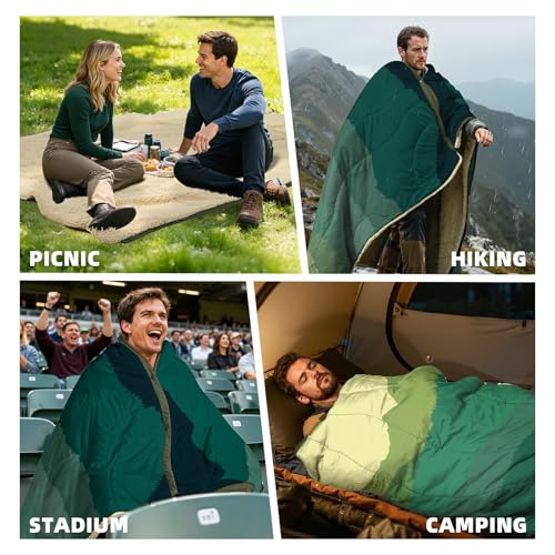 Outdoor Camping Blanket - Puffy Camping Blanket Packable,Sherpa Fleece Warm Blanket for Camping, Outdoors, Travel, Stadium, Festivals, Beach, Hammock 56"x 78" Machine Washable, DWR, Lightweight - color: Green Mountain, size: 78 X 56 Inches