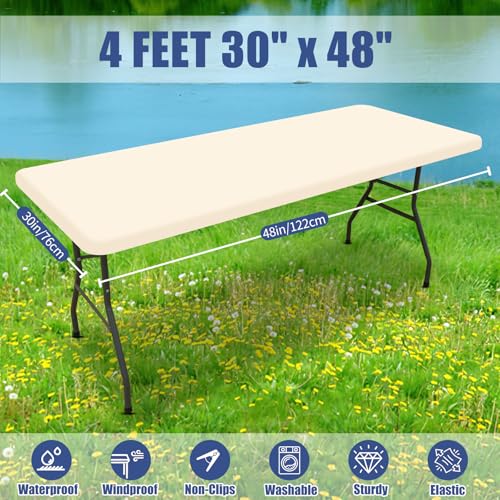Moosfor Spandex 4 Foot Rectangle Table Cloth, Elastic Fitted Tablecloths for Picnic, Stretch Washable Patio Table Cover for Outdoor, Camping, Banquet and Parties (Champagne, 30"x48") - color: Beige, size: 48" x 30" (Rectangular)