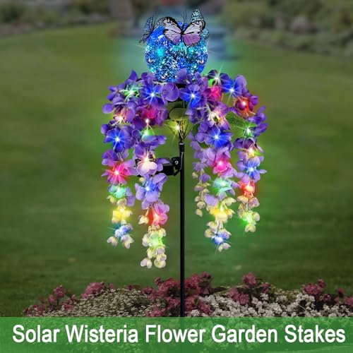 Solar Lights Outdoor Pathway,Wisteria Flower Garden Stakes,Colorful LED Lights for Yard,Patio,Lawn,Solar Powered Garden Decortions,Spring Gifts for Women - color: Wisteria
