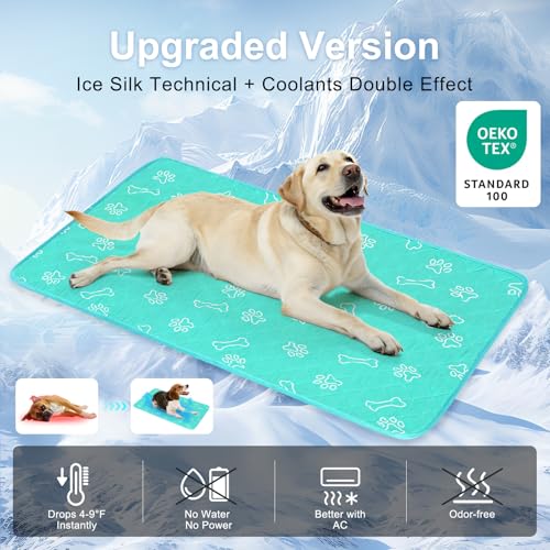 BEAUTYZOO Upgraded Dog Self Cooling Mat Ice Silk Chill Pads for Small Medium Large Dogs Q-MAX＞0.43- Summer Reusable Pet Training Pad - Absorbent Non-Slip Cool Mat for Kennels, Crates, Beds, 22" x 28" - color: Aqua Blue, size: Medium 22in X 28in (1 Pack)