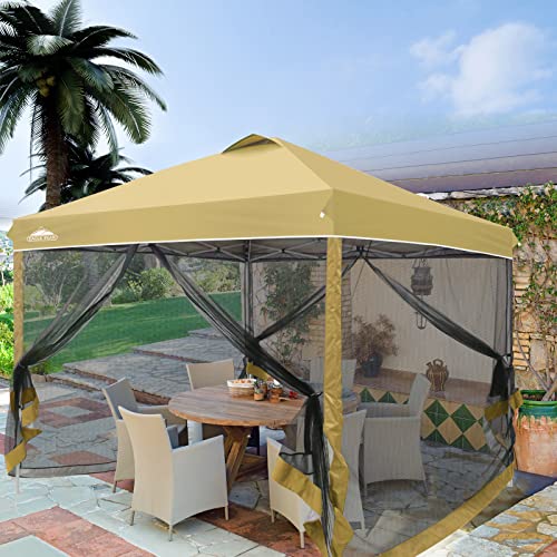 EAGLE PEAK 10x10 Outdoor Easy Pop up Canopy with Netting, Instant Screen Party Tent with Mesh Side Walls, Beige - color: Beige