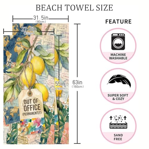 Oversized Microfiber Beach Towel Sand Free Quick Dry, 31.5" x 63" Large Travel Towel, Vintage Style Lemon Branch Out of Office Print, Extra Absorbent Beach Blanket for Adults - size: 31.5 x 63 inches