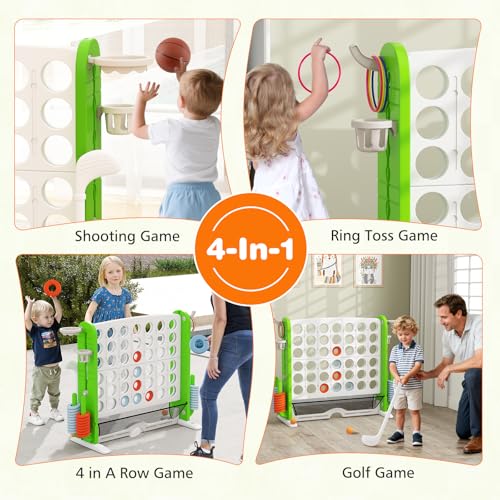 COSTWAY Giant 4-in-A-Row Connect Game Set, Height Adjust 4-to-Score Game with Mesh, Golf, Ring Toss Sets, Basketball & Cup Holders, Indoor Outdoor Yard Party Game for Kids Adults, Family (Green) - color: White & Green