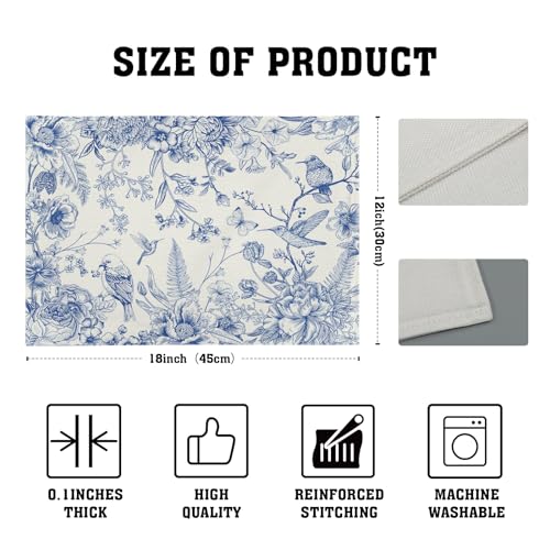 Chinoiserie Placemats Set of 4,18X12 Inch Blue Birds Floral Porcelain Washable Heat Resistant Place Mats for Spring Summer Seasonal Kitchen Party Dining Table Decoration - color: Chinoiserie Flowers