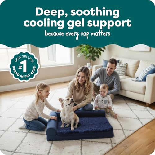 FurHaven Cooling Gel Dog Bed for Medium Dogs, L-Shaped Chaise with Cool Gel-Top Foam with a Solid Orthopedic Foam Base for Joint Support, Washable Cover, Medium, Plush & Velvet, Deep Sapphire - color: (Plush & Velvet) Deep Sapphire, size: Medium
