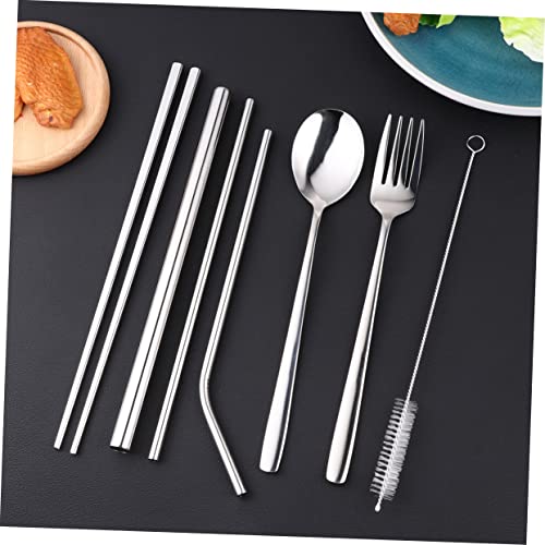 8pcs Portable Stainless Steel Tableware Set Food Grade Cutlery with Spoon Fork Chopsticks and Straws Outdoor Dining and Picnics Includes Black Carrying Bag